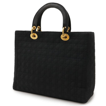 Christian DIOR Lady Dior Cannage Handbag Tote Bag Nylon Black Gold Hardware