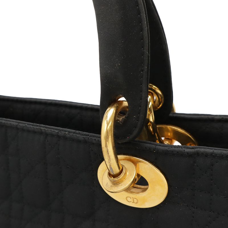 Christian DIOR Lady Dior Cannage Handbag Tote Bag Nylon Black Gold Hardware