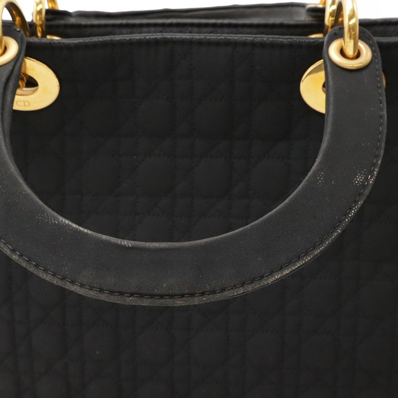 Christian DIOR Lady Dior Cannage Handbag Tote Bag Nylon Black Gold Hardware