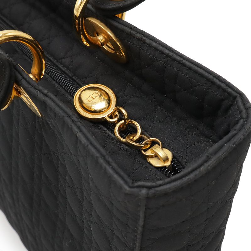 Christian DIOR Lady Dior Cannage Handbag Tote Bag Nylon Black Gold Hardware