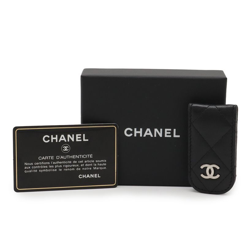 Chanel Matelasse Coco Mark Money Clip Billfold Bill Clip Lambskin Leather Black