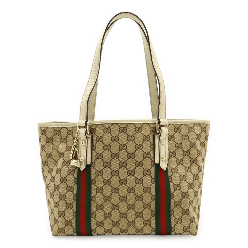 Gucci GG Canvas Sherry Line Tote Bag Shoulder Bag Leather Beige Ivory With