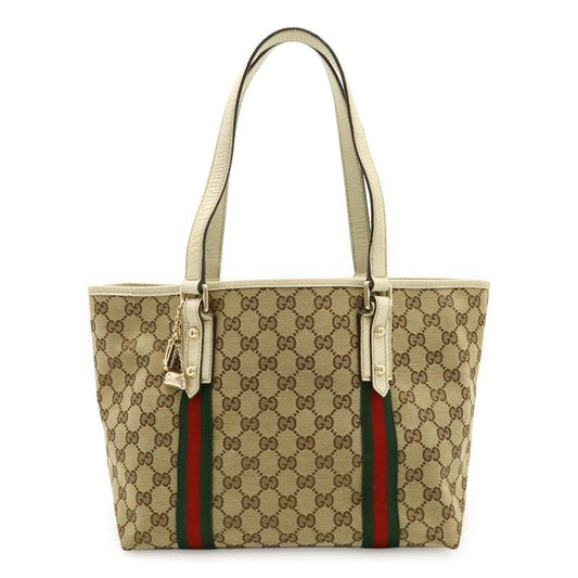 Gucci GG Canvas Sherry Line Tote Bag Shoulder Bag Leather Beige Ivory With
