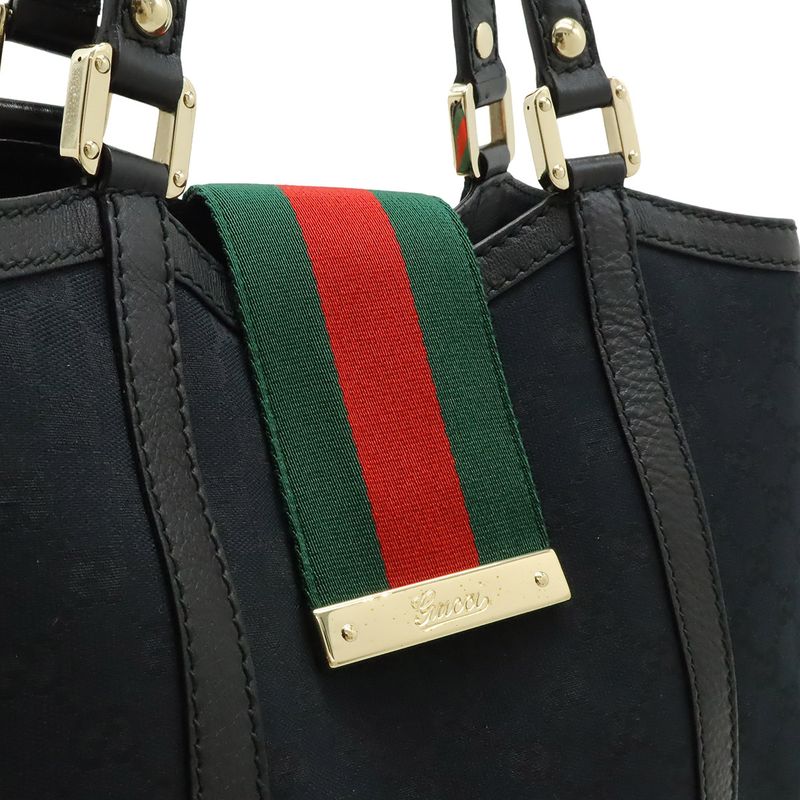 Gucci GG Canvas Sherry Line Tote Shoulder Bag Leather Black Green Red Gold