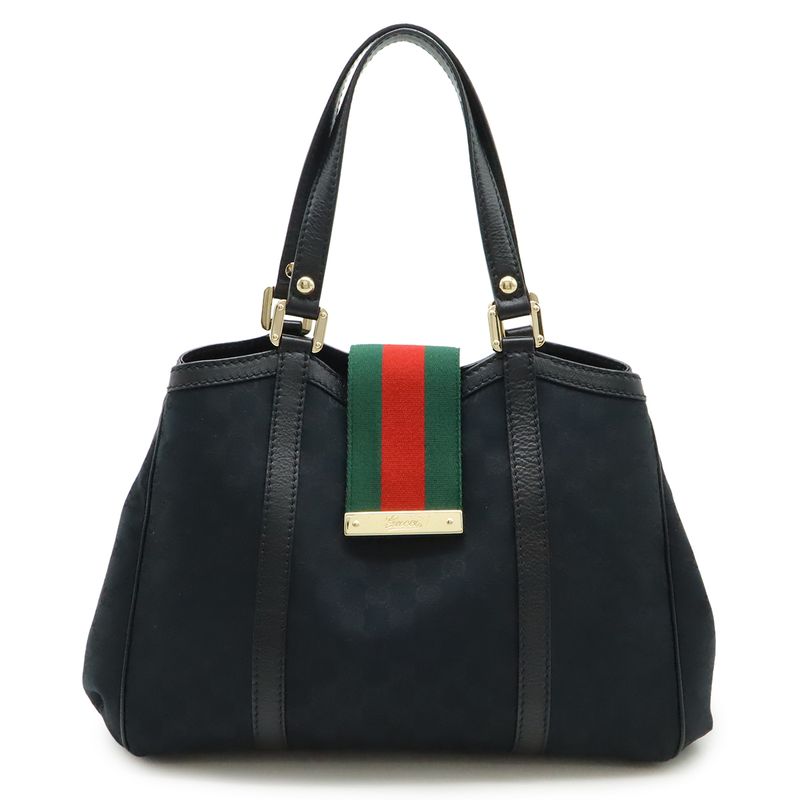 Gucci GG Canvas Sherry Line Tote Shoulder Bag Leather Black Green Red Gold
