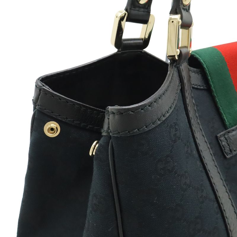 Gucci GG Canvas Sherry Line Tote Shoulder Bag Leather Black Green Red Gold
