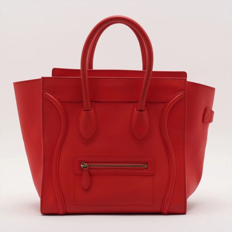 Celine Luggage Mini Shopper Red Leather Handbag Tote Genuine Leather Women MMM