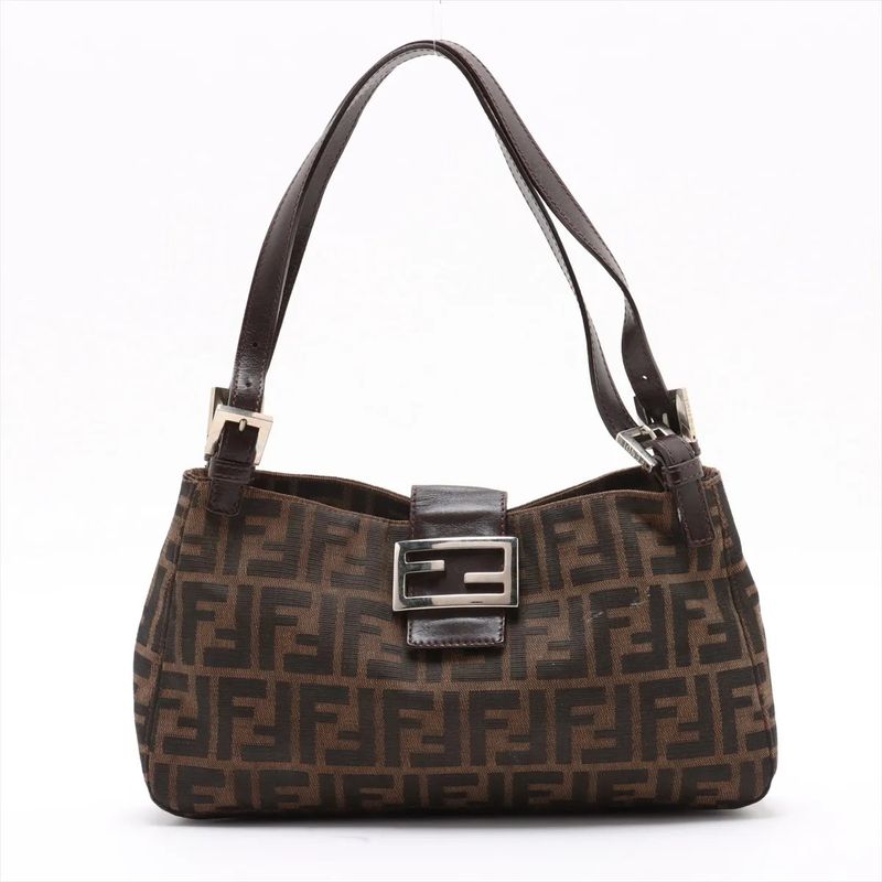 Fendi Zucca Leather Canvas Handbag Tote Genuine Leather Brown Women's MMM Dc55-8