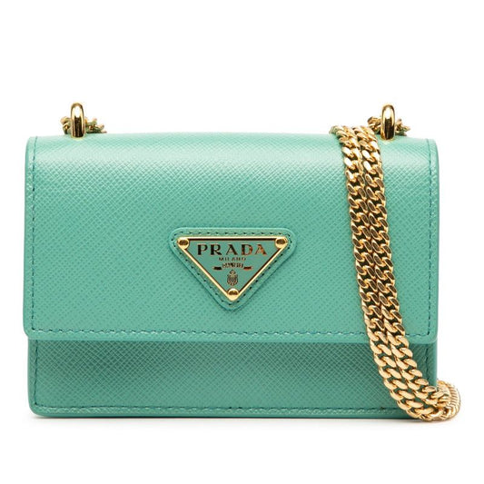 Prada Triangle Logo Plate Chain Mini Shoulder Pouch Shoulder Bag 1mr017 Green
