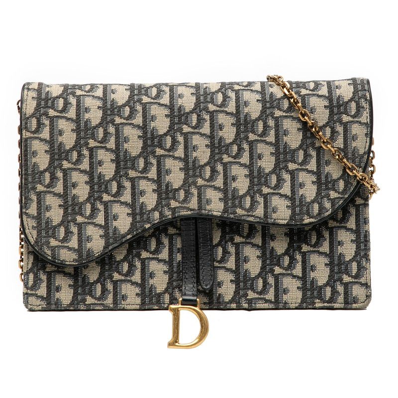Dior Oblique Saddle Chain Shoulder Bag Beige Navy Canvas Leather Women's Dior