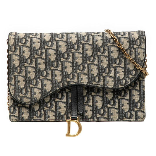 Dior Oblique Saddle Chain Shoulder Bag Beige Navy Canvas Leather Women's Dior