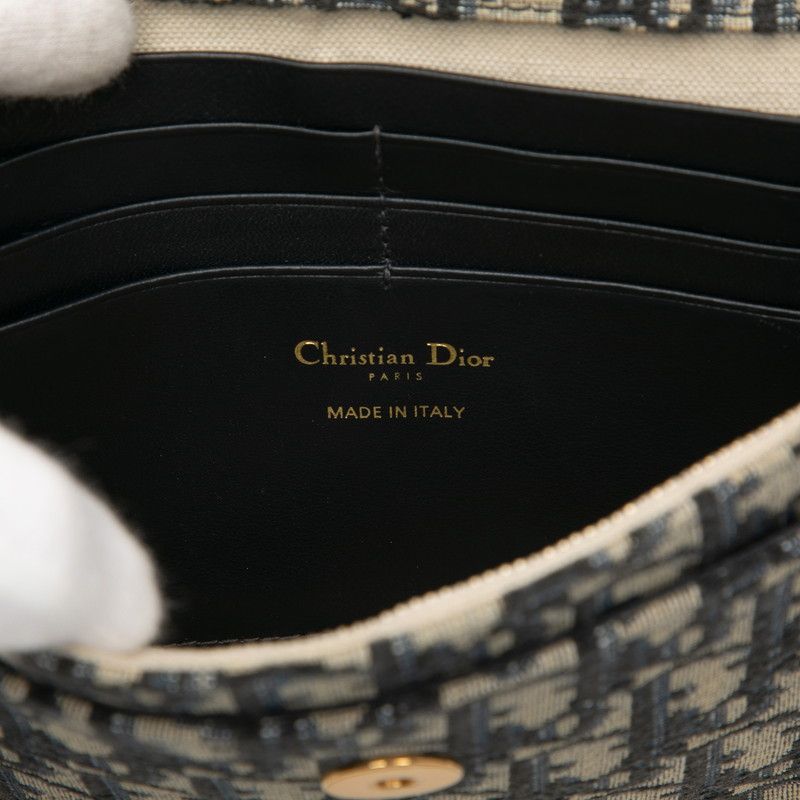 Dior Oblique Saddle Chain Shoulder Bag Beige Navy Canvas Leather Women's Dior