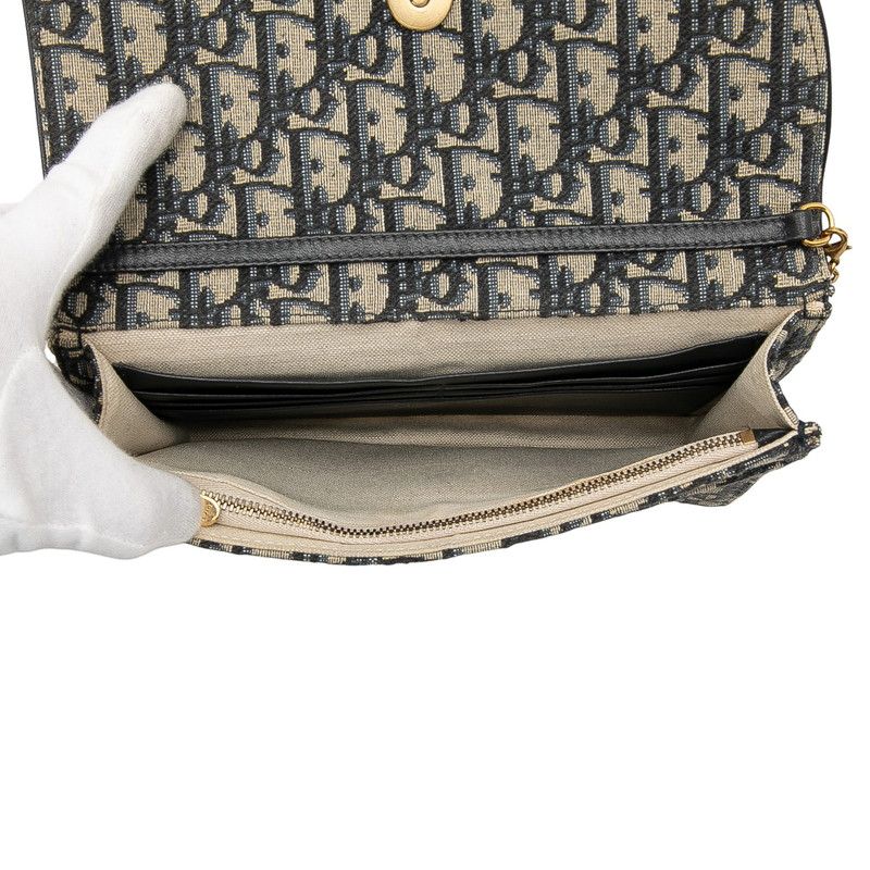 Dior Oblique Saddle Chain Shoulder Bag Beige Navy Canvas Leather Women's Dior