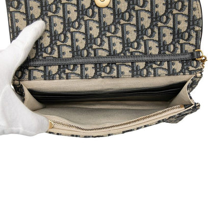 Dior Oblique Saddle Chain Shoulder Bag Beige Navy Canvas Leather Women's Dior