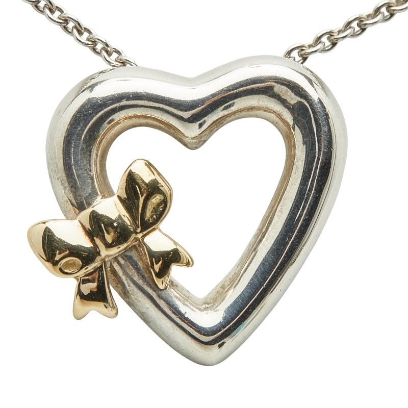 Tiffany & Co Vintage Heart Ribbon Pendant Necklace Sv925 Silver 18K Yellow Gold