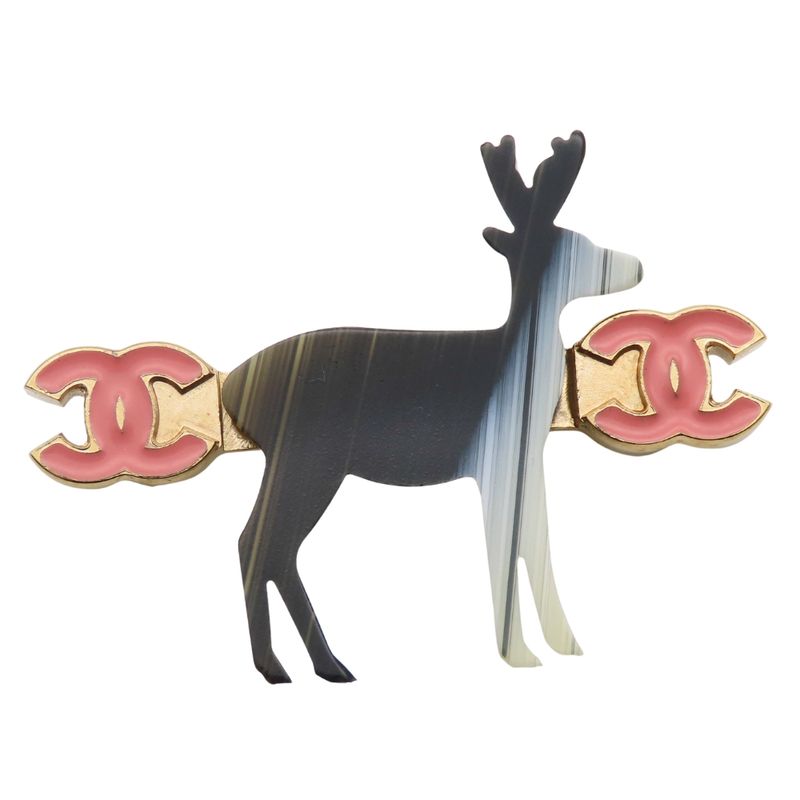 Chanel Brooch Metal Gold Black Pink Reindeer Here Mark Ladies Women Chanel