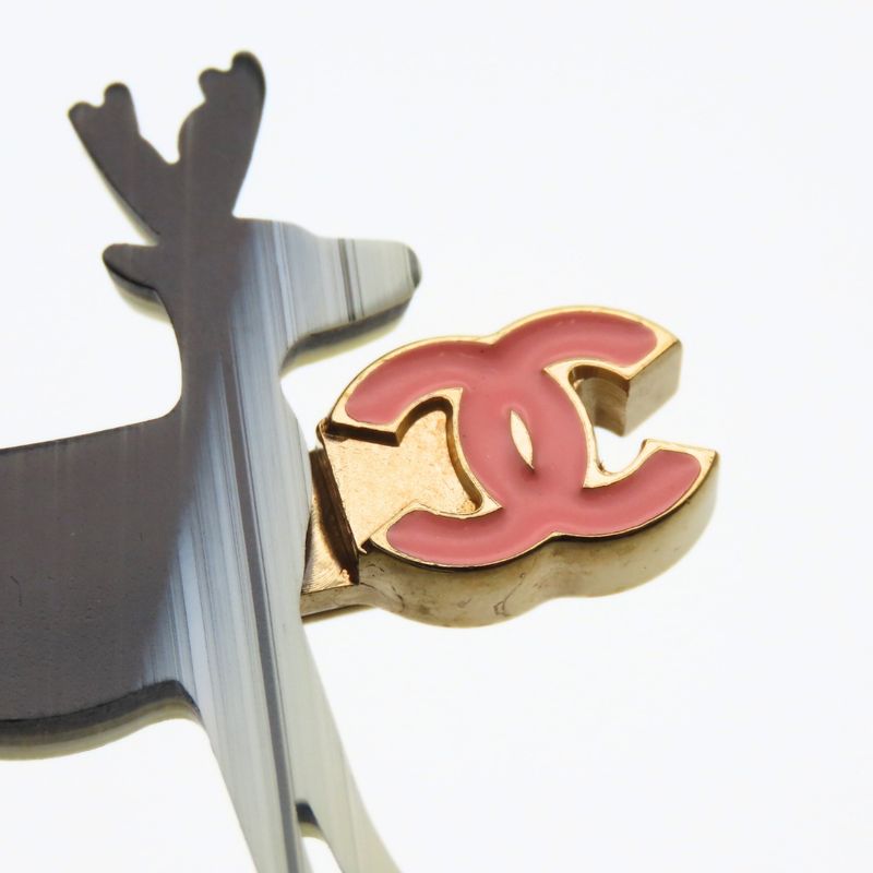 Chanel Brooch Metal Gold Black Pink Reindeer Here Mark Ladies Women Chanel