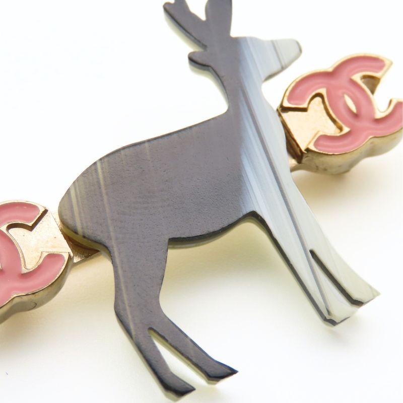 Chanel Brooch Metal Gold Black Pink Reindeer Here Mark Ladies Women Chanel