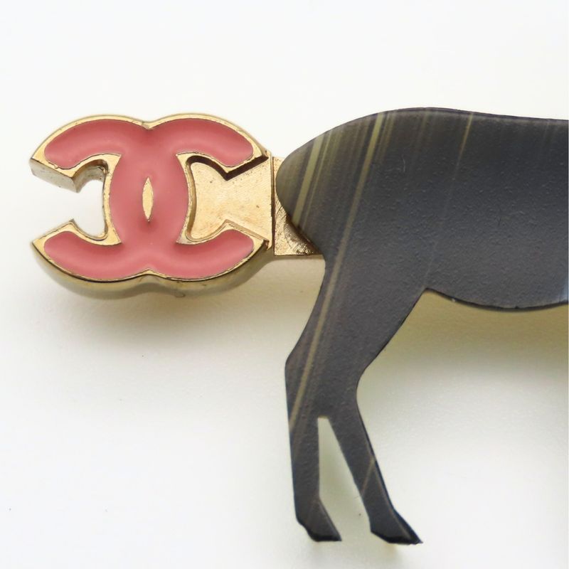 Chanel Brooch Metal Gold Black Pink Reindeer Here Mark Ladies Women Chanel