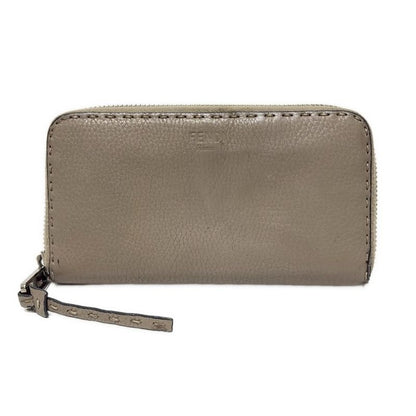 Fendi Long Wallet Selleria 8m0374 Gray Beige Round Zipper Leather