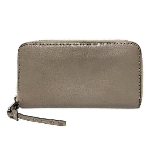 Fendi Long Wallet Selleria 8m0374 Gray Beige Round Zipper Leather