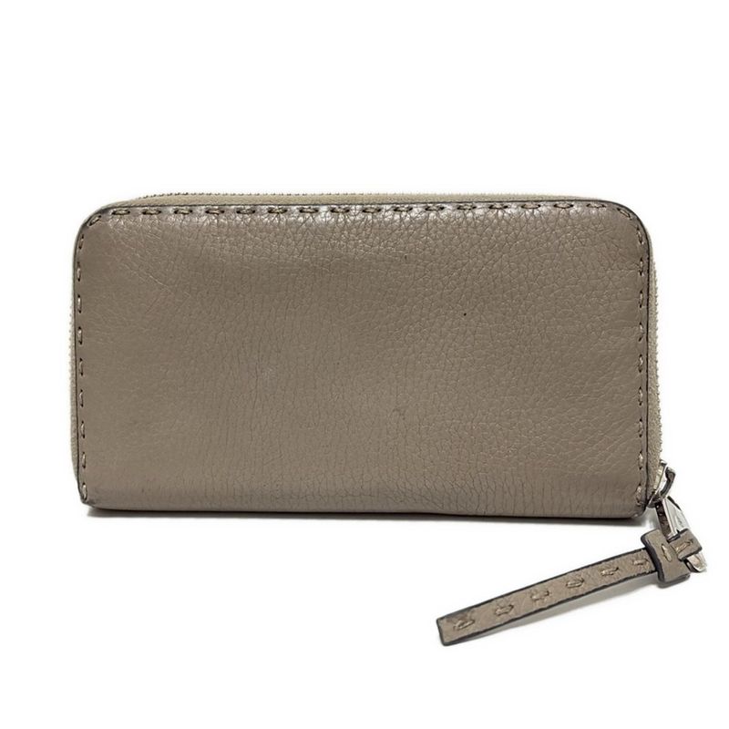Fendi Long Wallet Selleria 8m0374 Gray Beige Round Zipper Leather