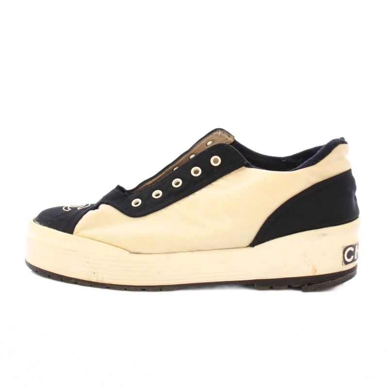 Chanel Coco Mark Low Cut Sneakers Shoes Thick Bottom Logo 38 Black Ivory BB