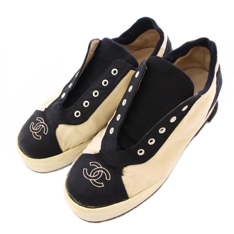 Chanel Coco Mark Low Cut Sneakers Shoes Thick Bottom Logo 38 Black Ivory BB
