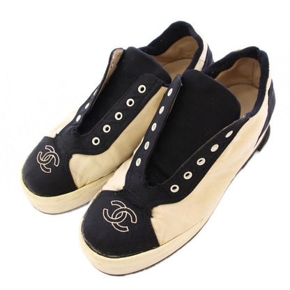 Chanel Coco Mark Low Cut Sneakers Shoes Thick Bottom Logo 38 Black Ivory BB