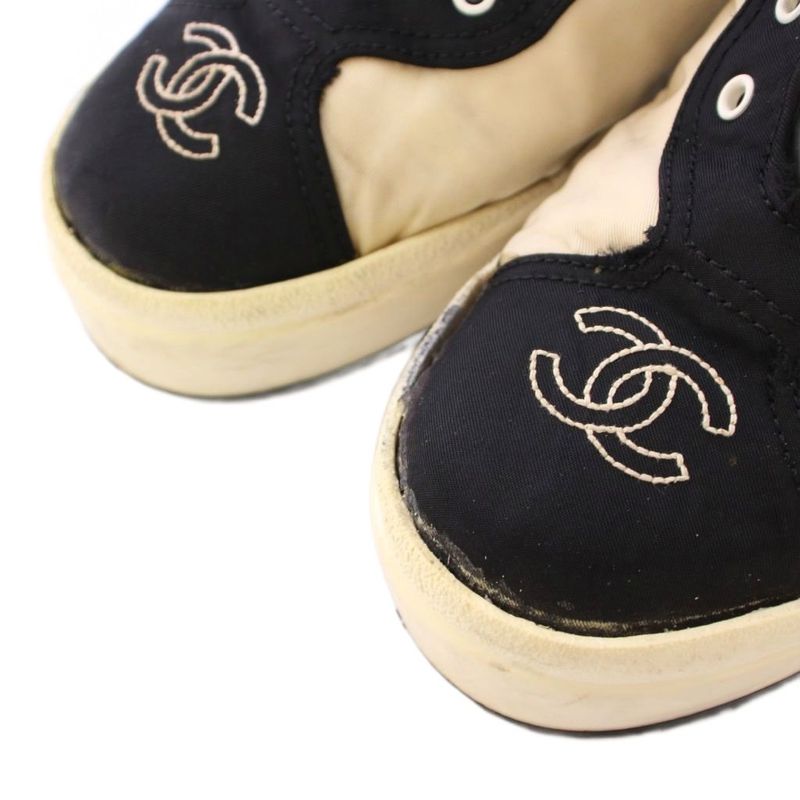 Chanel Coco Mark Low Cut Sneakers Shoes Thick Bottom Logo 38 Black Ivory BB