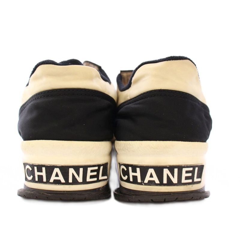 Chanel Coco Mark Low Cut Sneakers Shoes Thick Bottom Logo 38 Black Ivory BB