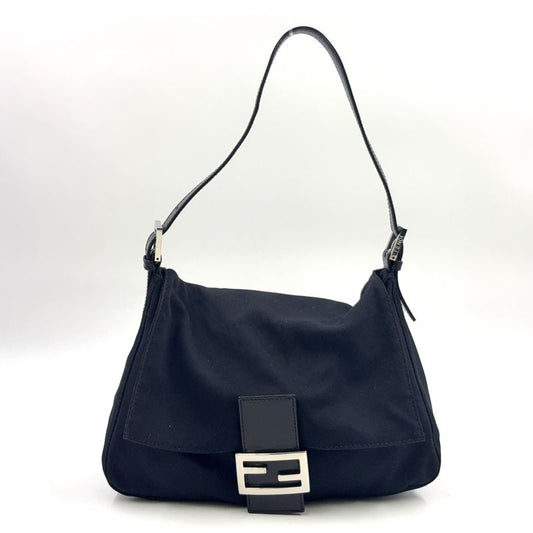 Fendi Hobo Mamma Bucket Fabric Black Handbag Silver