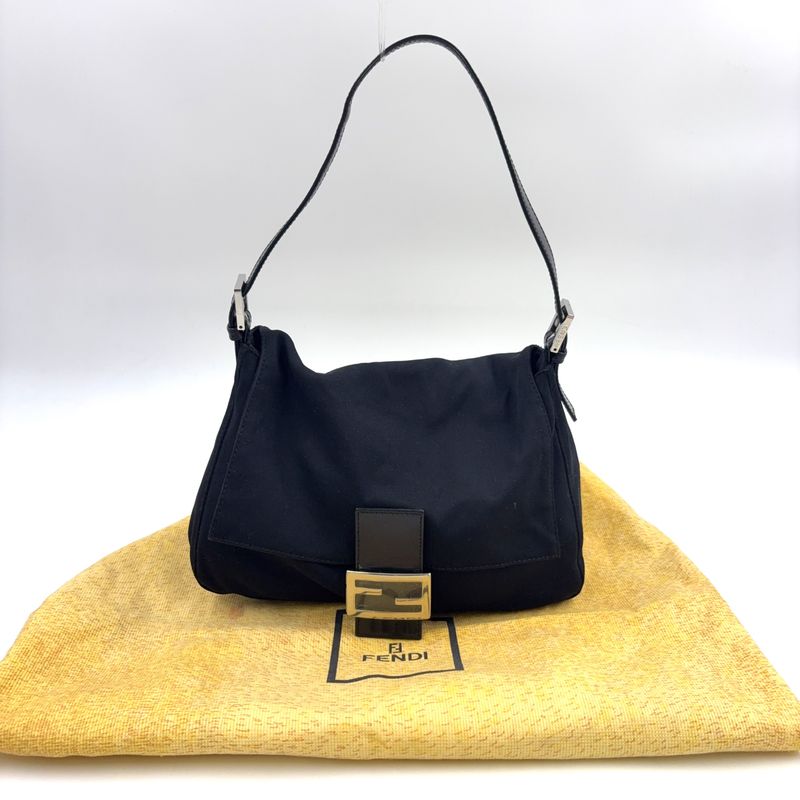 Fendi Hobo Mamma Bucket Fabric Black Handbag Silver