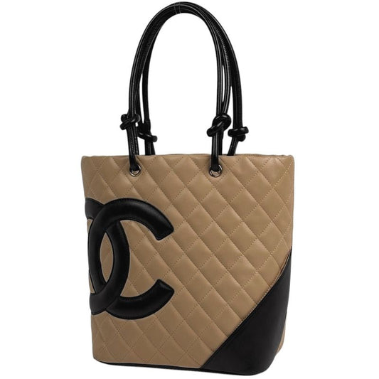 Chanel Cambon Line Medium Tote Bag Coco Mark Handbag Tote Leather Beige Black