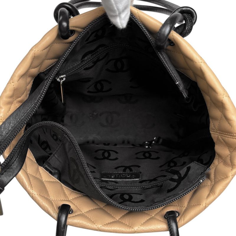 Chanel Cambon Line Medium Tote Bag Coco Mark Handbag Tote Leather Beige Black