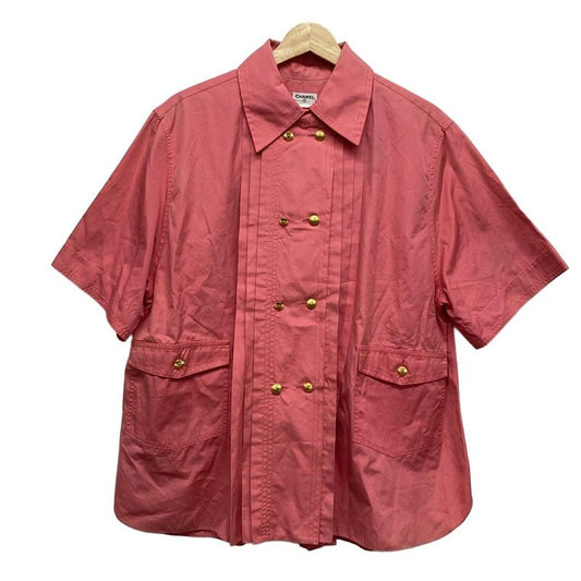 Chanel Short Sleeve Shirt Blouse Size 38 M Ladies Pink Guilloche Button Cotton