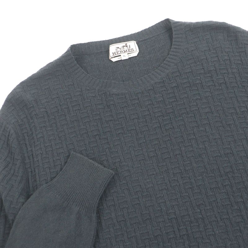 Hermes 100% Cashmere H-Pattern Knitting Total Pattern Long Sleeves