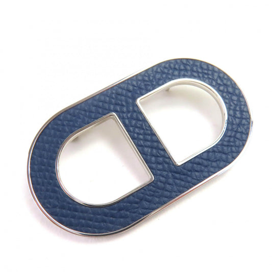 Hermes Brooch Chaine D'ancre Silver Hardware Leather Accessory Navy