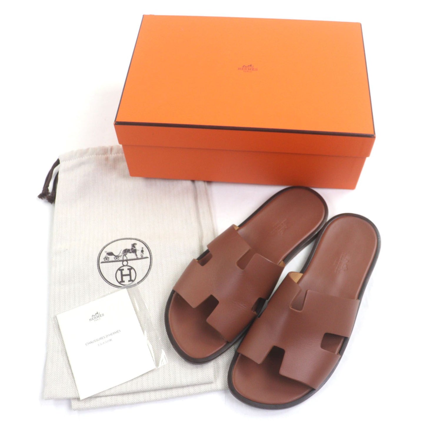 Excellent Condition Hermes Izmir Leather H Motif Slide Sandals Brown 41 Box