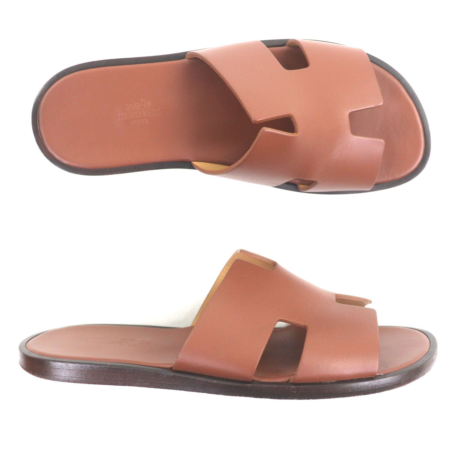 Excellent Condition Hermes Izmir Leather H Motif Slide Sandals Brown 41 Box