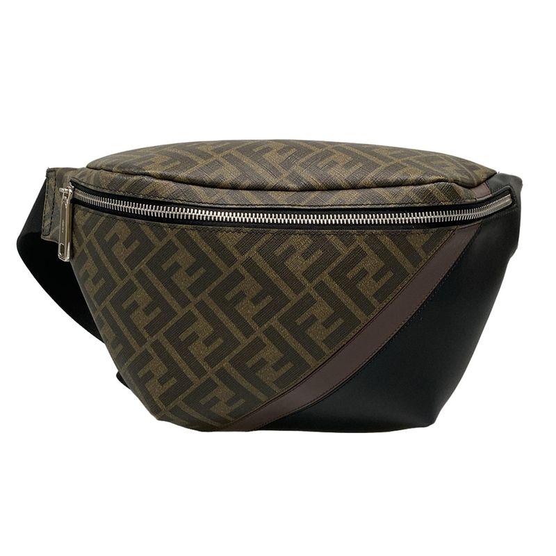 Fendi Waist Pouch Zucca Pattern 7va434 Black And Dark Brown Leather