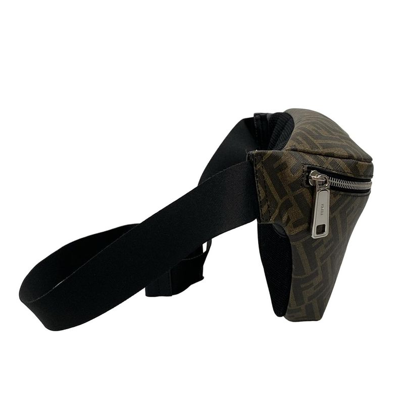 Fendi Waist Pouch Zucca Pattern 7va434 Black And Dark Brown Leather