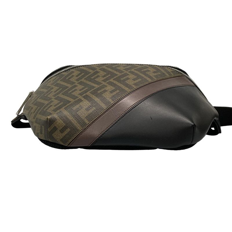 Fendi Waist Pouch Zucca Pattern 7va434 Black And Dark Brown Leather