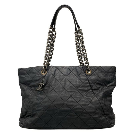 Chanel Tote Bag Matelasse Black Chain Shoulder Vintage Silver Hardware Leather