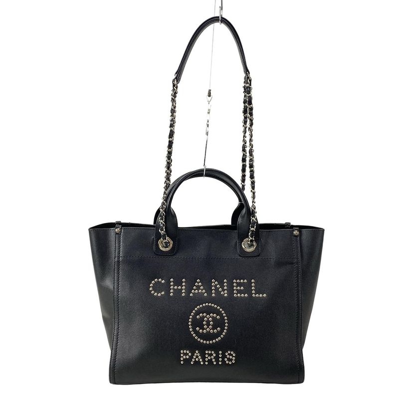 Chanel Tote Bag Deauville Line MM Black Chain Shoulder Silver Hardware 2way