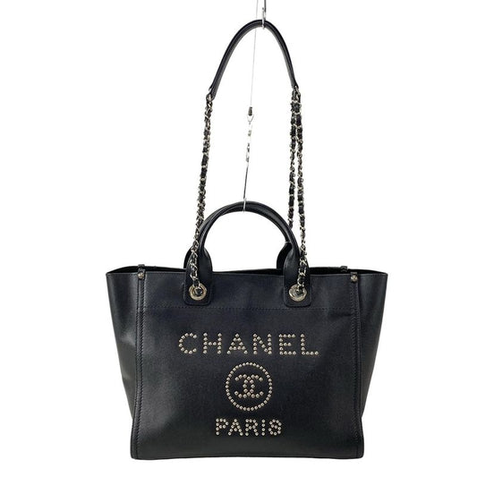 Chanel Tote Bag Deauville Line MM Black Chain Shoulder Silver Hardware 2way