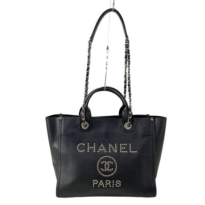 Chanel Tote Bag Deauville Line MM Black Chain Shoulder Silver Hardware 2way