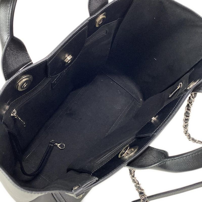 Chanel Tote Bag Deauville Line MM Black Chain Shoulder Silver Hardware 2way
