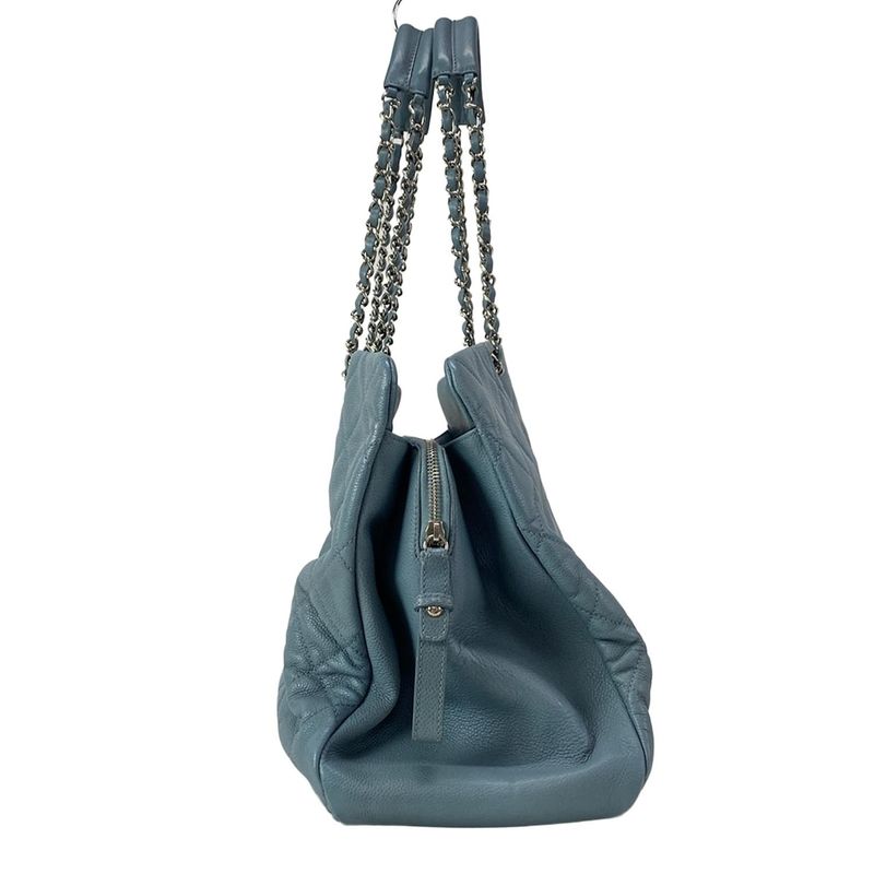 Chanel Tote Bag Matelasse Blue Grey Chain Shoulder Silver Hardware