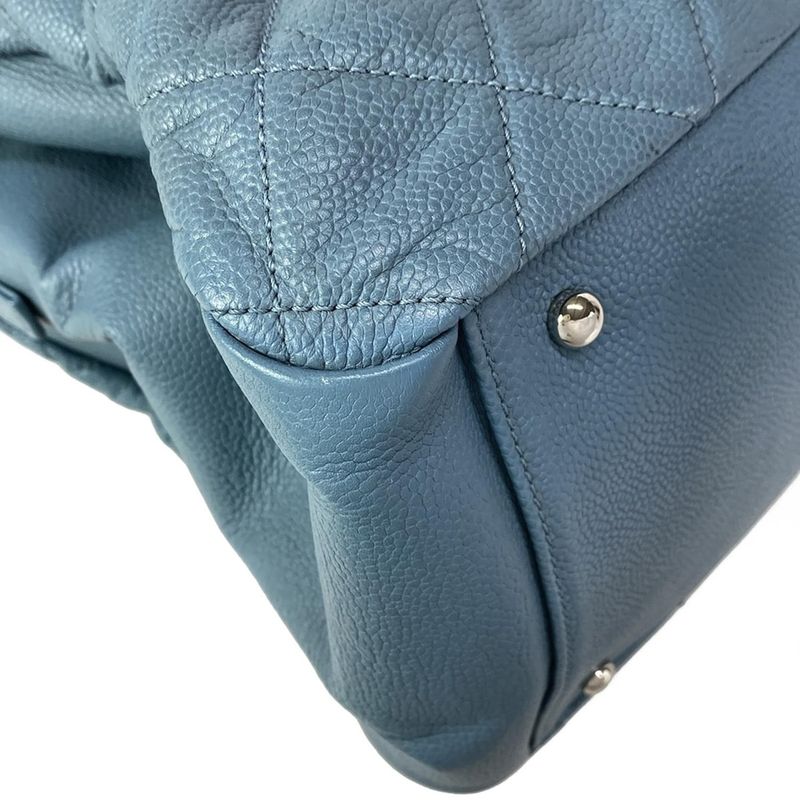 Chanel Tote Bag Matelasse Blue Grey Chain Shoulder Silver Hardware